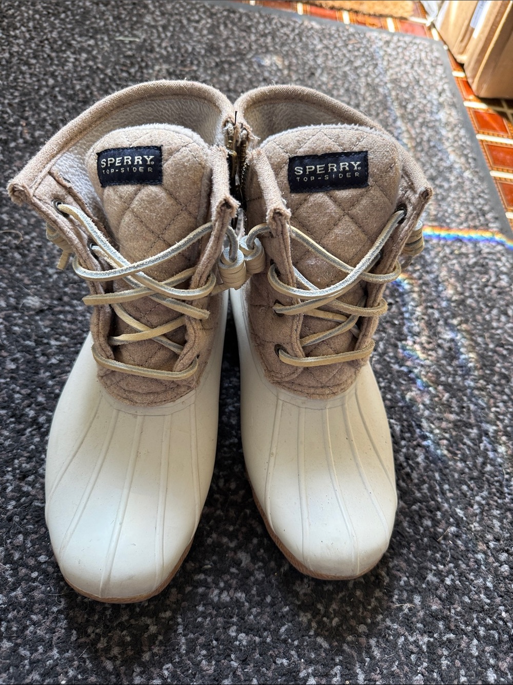 Sperry Quilted Duck Boots in Beige and Cream